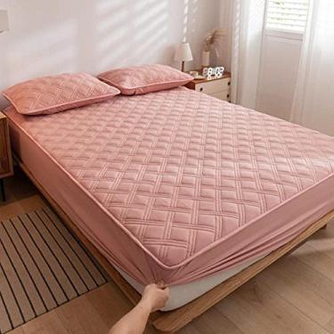 Imagem de Jogo de lençol com elástico para colchão Queen, rosa, capa protetora de colchão acolchoado de algodão grosso, lavável, capa de cama e fronha para quarto de hotel 90 x 200 cm (rosa solteiro GG 120 x