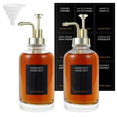Imagem de PI Conjunto de 2 Dispensadores de Xarope de Café com 18 Etiquetas de 500 ml Recipiente de Xarope de Café Minimalista Garrafa de Xarope de Vidro Transparente Reutilizável Garrafa Dispensadora de Xarope
