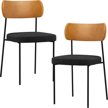 Imagem de Kit 02 Cadeiras Estofadas Para Sala De Jantar Melina L02 Couríssimo Whsiky Linho Chumbo - Lyam Decor