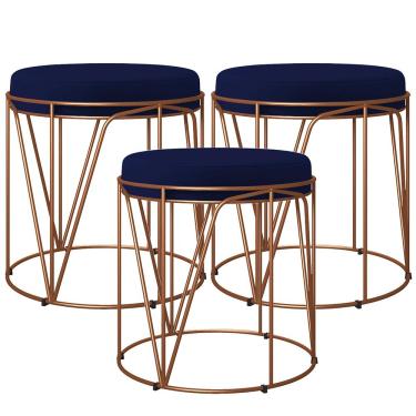 Imagem de Kit 03 Puffs Decorativo Aramado Bronze Zaya L02 Suede Azul Marinho - Lyam Decor