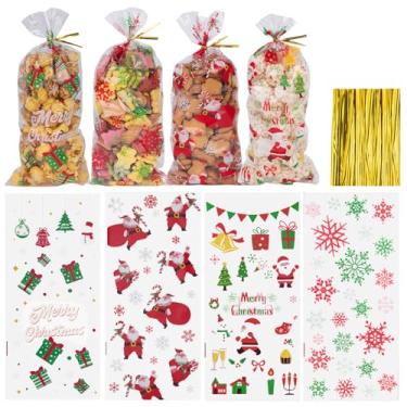Imagem de Aubeco 120 unidades de sacos de guloseimas de Natal, 27 x 12 cm sacos de celofane transparente com laços dourados torcidos para festas, lanches, embalagem de biscoitos (Santa, floco de neve)