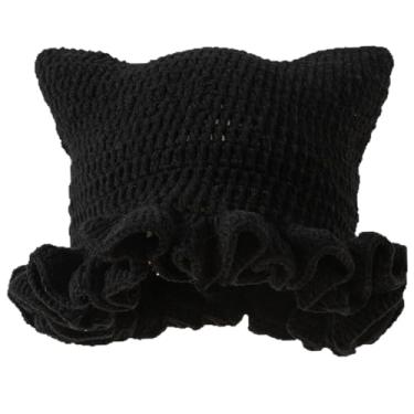 Imagem de eYourlife2012 Ruffled Brim Knitted Beanie Hats with Horns Handmade Crochet Bucket Hat with Cat Ears for Womens Cosplay Costumn Halloween (US, Alpha, One Size, Black)