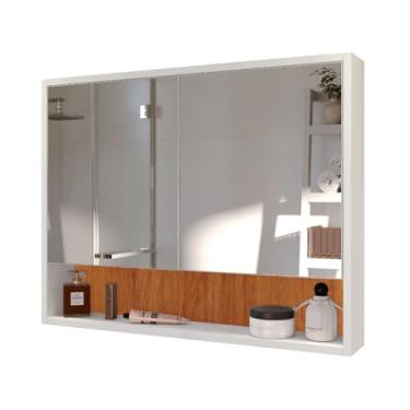 Imagem de Armário Banheiro com Espelho, Armário de Banheiro com Espelho Largura 68cm com Duas Portas Suspenso de Parede(Branco Nature)