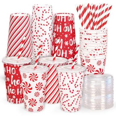 Imagem de Whaline Conjunto de 100 copos de papel de Natal com tampas e canudos, 473 ml, vermelho, branco, cana-de-doce, listras, copos de café descartáveis para Natal, inverno, festas, bebidas, suprimentos