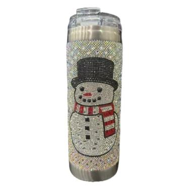 Imagem de Jacqueline Kent Copo de boneco de neve de aço inoxidável de 590 ml com canudo e bolsa de veludo Kris Kringle vermelha enfeitada com cristal