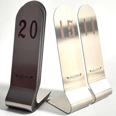 Imagem de SIWOT Cartões de lugar de aço inoxidável de 1,6 cm de altura, 10 pçs/conjunto de cartões de assento empilháveis de dupla face, números de mesa verticais, suportes de cartão de metal (20 cm, marrom