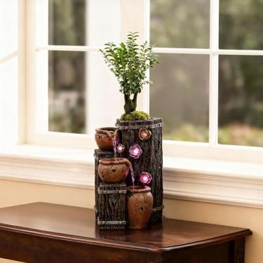 Imagem de MAOCHI Fonte De Água Mesa, Cultivo Suculentas Com Textura Madeira E 5 Luzes Led Que Mudam Cor, Decoração Decorativa Para Mesa Meditação, Escritório Ou Presentes Inauguração Casa, Novos