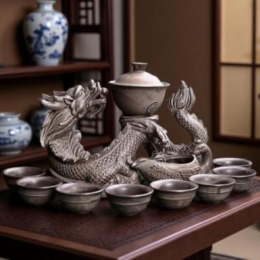 Imagem de Conjunto de chá chinês Gongfu – Bule de cerâmica com infusor, 8 xícaras, design de dragão semiautomático para chá de folhas soltas
