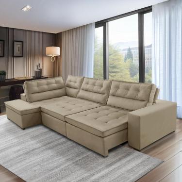 Imagem de Sofá de Canto Retrátil e Reclinável com Molas 3,00x2,00 Esq Virginia Suede Bege Adonai Estofados