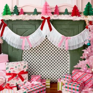Imagem de xo, Fetti Faixa de arcos e franjas - branco iridescente, 1,8 m | Decoração de festa com laço de Natal de veludo vermelho, placa de Natal rosa, pano de fundo de sessão de fotos de inverno