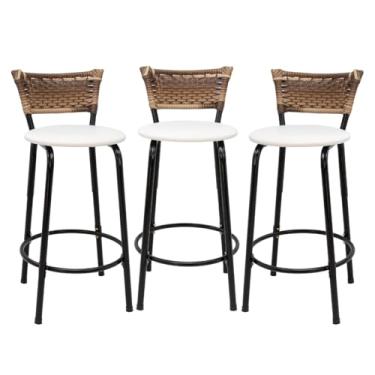 Imagem de Kit com 3 Banquetas 60cm Estrutura Preta Encosto Cappuccino Ideal Para Balcão Ilha Bancada Área de Lazer Cozinha Gourmet Bar Lanchonete Piscina (Assento Branco)