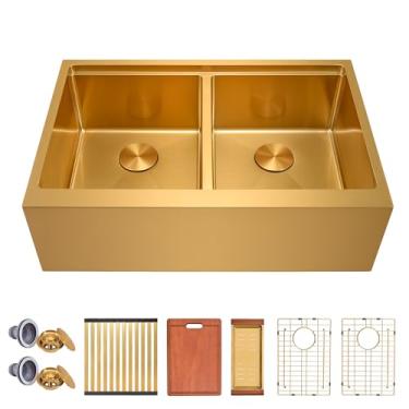 Imagem de MILOSEN Pia de cozinha de fazenda dourada de 91 cm, avental de estação de trabalho de aço inoxidável de 91 cm x 56 cm, pia frontal com borda e acessórios, pias de fazenda de tigela dupla 50/50, pias