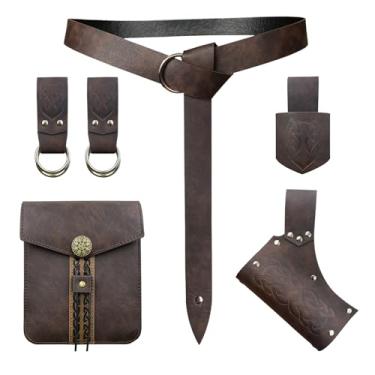 Imagem de EpicCos 6 peças, cinto renascentista, fantasia medieval, bolsa de cinto, saia para caminhada, espada, sapo, chifre viking, coldre para cinto, Marrom C, Estilo C