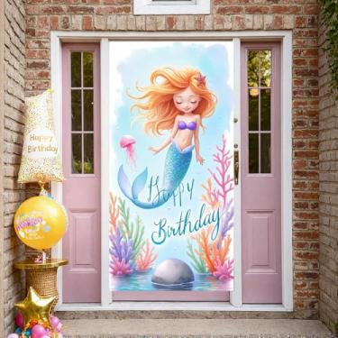 Imagem de Bandeira de aniversário de sereia com tema de oceano, faixa de aniversário de sereia, estilo princesa, para sessão de fotos de evento