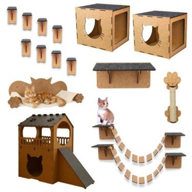 Imagem de Kit Playground Para Gatos Mdf Degraus Ponte Nicho Cama Descanso Casinh