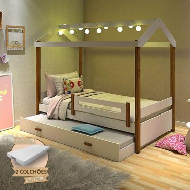 Imagem de Bicama Solteiro Com Colchões E Led Casinha Montessoriana Eliz Proteção Branco/Mel - Cor: Branco