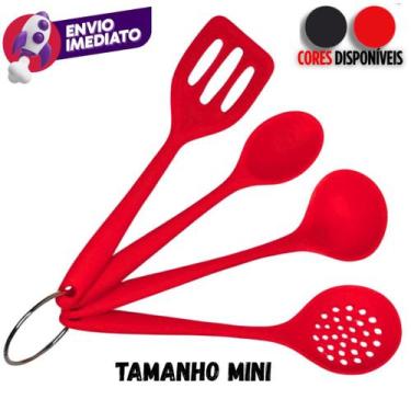 Imagem de Kit 04 Mini Utensílios Cozinha Em Silicone Concha E Espátula Vazada E 