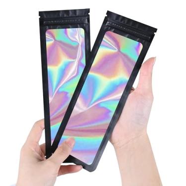 Imagem de 100 sacos à prova de cheiro, sacos de embalagem holográfica, bolsa de armazenamento com janela transparente para armazenamento de alimentos (preto, 2,8 x 8,7 polegadas)