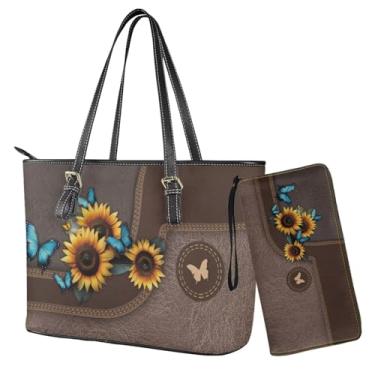 Imagem de Sannovo Conjunto de carteira e bolsa feminina Hobo Bolsa de Ombro com Bolsa Combinando Couro PU Alça Superior Bolsa, Girassol de borboleta marrom, 15.7*9.8*5.1 inches (Tote Handbag), 7.9*4.3*1 inches