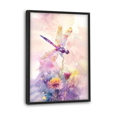 Imagem de Flintis Arte de parede emoldurada de libélula em aquarela grande imagens coloridas de flores de libélula decoração de parede pintura em tela abstrata obras de arte para sala de estar banheiro quarto
