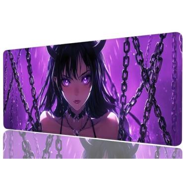 Imagem de Tapete de mesa Anime Girl Cool Purple Estético Dark Fantasy Gaming Mouse Pad com borda costurada base antiderrapante grande mouse pad escritório computador teclado laptop casa, 31,5 x 11,8 polegadas