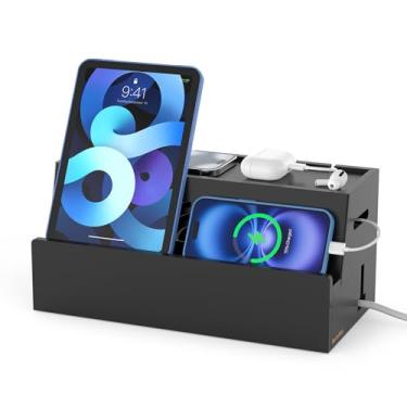 Imagem de BambuMate Caixa de gerenciamento de cabos de bambu, preta, 31 x 14 x 15,5 cm, caixa organizadora de cabos para mesa com cabos de alimentação ocultos e réguas, adequada para salas de estar, quartos