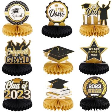Imagem de Chewtoyo 9 de 2023 decorações de festa de formatura, 9 peças de centro de favo de mel, enfeites de mesa graduados classe de 2023 parabéns graduados, suprimentos de lembrancinhas pretas e douradas