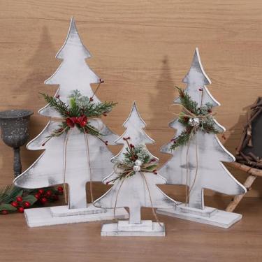 Imagem de Conjunto de 3 decorações de árvore de Natal de madeira rústica: árvores de Natal de mesa de fazenda com detalhes de pinheiro e frutos silvestres, centro de mesa de madeira caiada para decoração de