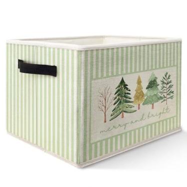 Imagem de Yhtrg Cesto de armazenamento de árvore de Natal verde e dourado com alças, listrado verde, Natal, inverno, férias, caixas de armazenamento de tecido, bolsa organizadora para presentes, quarto