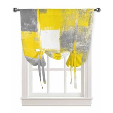 Imagem de WEEKA CLSNE Cortinas de amarrar cinza amarelo para cozinha, sala de estar, arte abstrata, isolamento térmico, ajustável, painel de bolso para varão, para janela pequena, pintura a óleo moderna 86 cm L