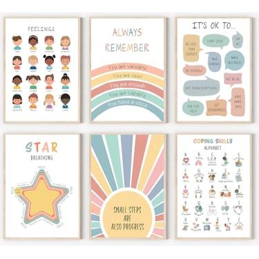 Imagem de 6 peças de arte de parede infantil saúde mental berçário psicologia terapia afirmações positivas inspiradoras pintura boho pôsteres imagens decoração de parede impressão em tela arte para sala de aula
