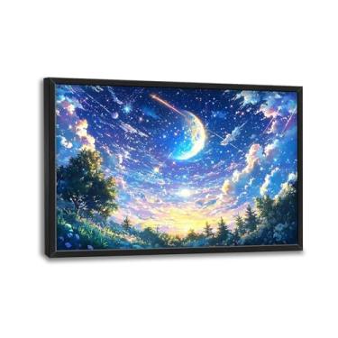 Imagem de Arte de parede grande para sala de estar, grande céu noturno estrelado decoração de parede natureza floresta pintura em tela arte moderna decoração de casa para sala de estar quarto escritório grande