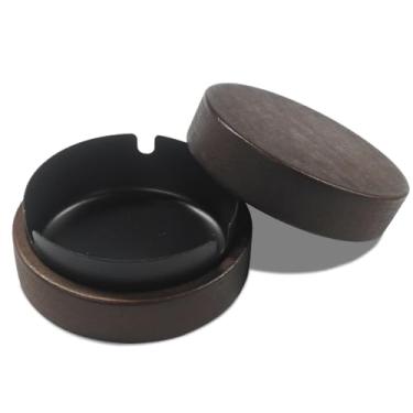 Imagem de DUSCOKE Cinzeiro portátil para carro com tampa à prova de vento, porta-copos para cigarros autoextinguível sem fumaça, mini lixeira, cinzeiro de madeira removível de aço inoxidável para escritório em