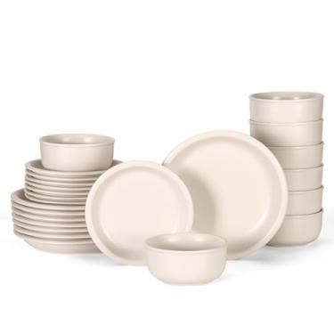 Imagem de GZG Série Vintage – Conjunto de louça de cerâmica para 8, 24 peças, conjunto de pratos e tigelas de grés, sem chumbo, conjunto de pratos artesanais, seguro para micro-ondas e lava-louças - branco