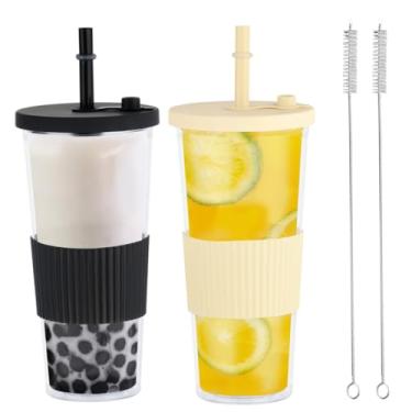 Imagem de Chewtoyo Copo Boba elegante, 2 peças de plástico bolha xícara de chá com canudo, adequado para pessoas de todas as idades, copo liso para uso familiar e acampamento, copo de plástico seguro de grau