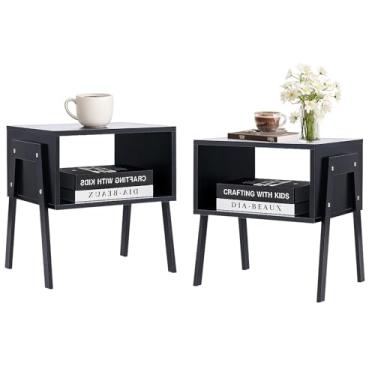 Imagem de Conjunto de 2 suportes de cabeceira para quartos, mesa lateral moderna com armazenamento, mesa de cabeceira de madeira, mesa de cabeceira pequena com pernas para sala de estar, quarto e escritório