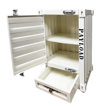 Imagem de Runeqxar Mesa lateral de recipiente de metal industrial – mesa de cabeceira de 3 camadas de ferro de 50,8 cm com gavetas retrô armário de transporte de ferro para bar/quarto/garagem (branca)