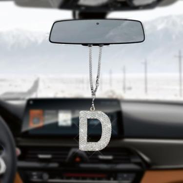 Imagem de HQRNYP Pingente de letra de carro brilhante, acessórios para pendurar espelho de carro, ornamento de espelho retrovisor, pingente de cristal fofo, enfeite feminino de strass de diamante da sorte para