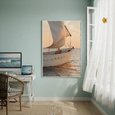 Imagem de Quadro Decorativo Barco No Oceano-70x50cm Cor:Moldura Branca - Quadros