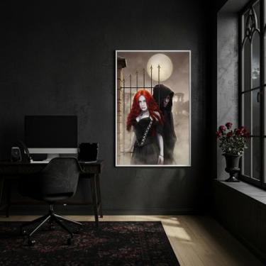 Imagem de Quadro Exu e Pomba Gira no Cemitério - 70x50cm Cor:Moldura Branca - Qu