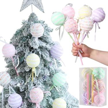 Imagem de Enfeites de doce de pirulito de Natal pastel, 6 peças, decorações de árvore de Natal de bengala doce, bola de Natal de espuma com glitter, 7,6 cm para decoração de pendurar na árvore de Natal