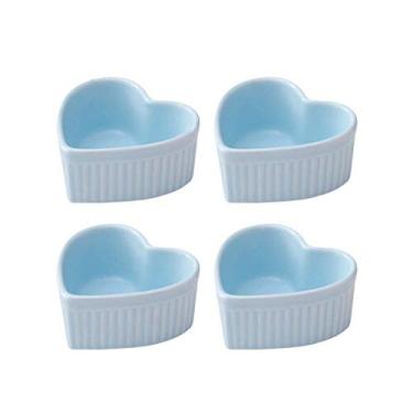 Imagem de Dessert Bowl 4 oz Ramekins Set of 4 Ceramic Heart Shaped Molds for Baking Cakes Jams Souffle Creme Brulee-Blue(Blue)