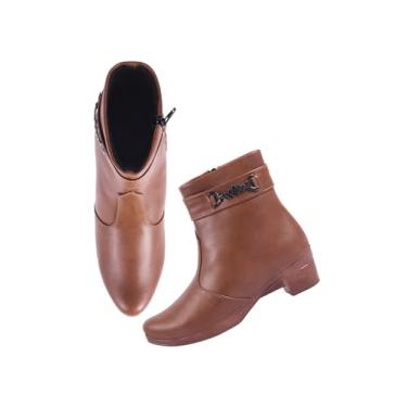 Imagem de Botas femininas de cano curto com zíper lateral e detalhe de metal, salto baixo, botas de couro sintético para conforto e estilo todos os dias, Bronzeado, 40.5