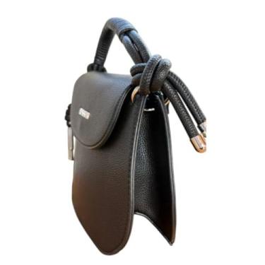 Imagem de Bolsa Feminina Transversal em Couro Sintético, Alça em Corda, Preta, 26x20x8 cm, com Fechamento Magnético e Alça Ajustável