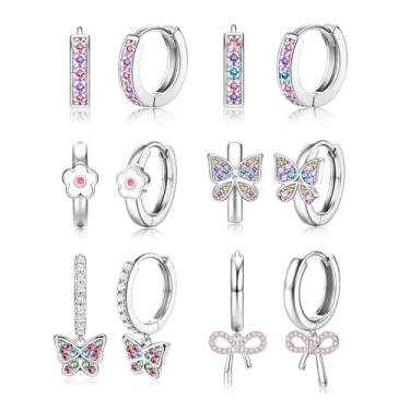 Imagem de LOYALLOOK Brincos de argola pequenos para mulheres, hipoalergênicos, brincos de argola para orelhas sensíveis, brincos de borboleta fofos coloridos CZ margarida coração arco conjunto de brincos