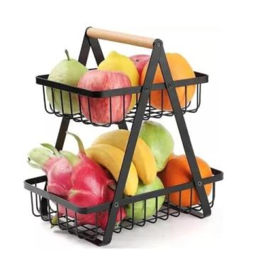 Imagem de Mini Fruteira de Mesa 2 Andares em Metal com Alça de Bambu – Organizador para Cozinha e Sala (PRETO)