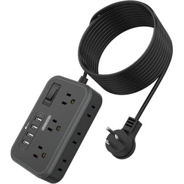 Imagem de Cabo de extensão de plugue plano de 15 pés, faixa de energia NTONPOWER 6 amplamente espaçada (2 lados) com 4 portas USB, estação de carregamento de parede, proteção contra sobrecarga para home office, dormitório e criado-preto
