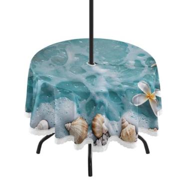 Imagem de Blueangle Toalha de mesa redonda de 152 cm à prova d'água com estrela do mar e coral com orifício para guarda-chuva - Tecido resistente à prova de sol para todos os climas para pátio, acampamento