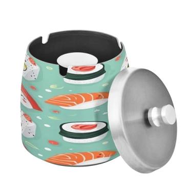 Imagem de Blueangle Cinzeiro padrão kawaii sushi com tampa para cigarros, à prova de vento/chuva, aço inoxidável, sem fumaça, inodoro, cinzeiro para uso interno ou externo (234)