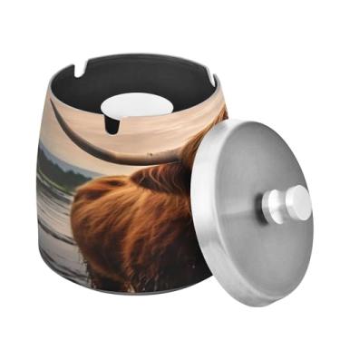 Imagem de Blueangle Cinzeiro de vaca Highland com tampa para cigarros, à prova de vento/chuva, aço inoxidável, sem fumaça, inodoro, cinzeiro para uso interno ou externo (216)